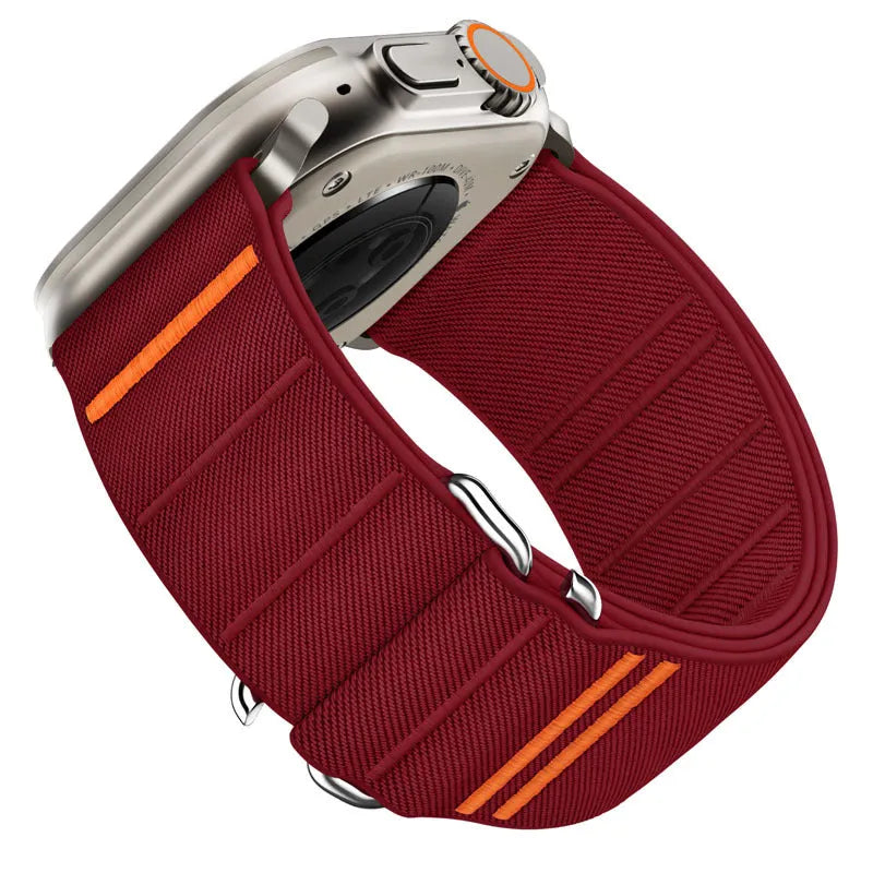Elastic nylon sports watchband with stainless steel buckle for Apple Watch, shown in multiple colour options.