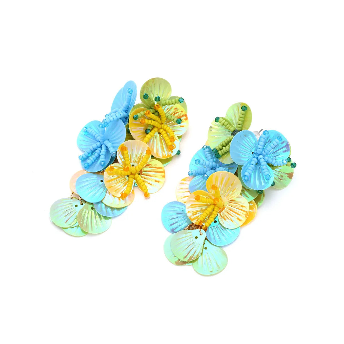 Handmade exaggerated dopamine floral earrings with mixed-material flowers and leaves in colourful, rose, or purple