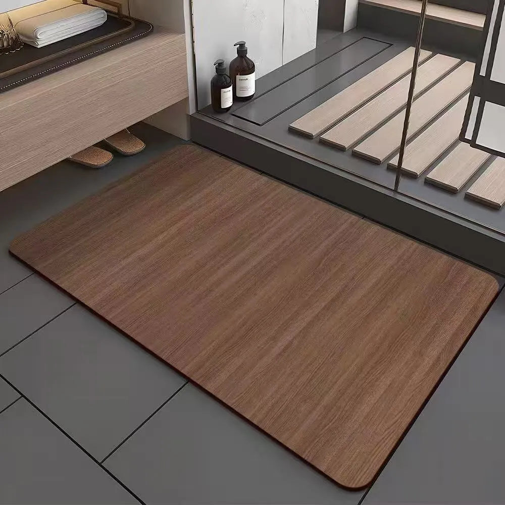 Square American-style diatom ooze floor mat with a geometric wood grain pattern in a bathroom setting.