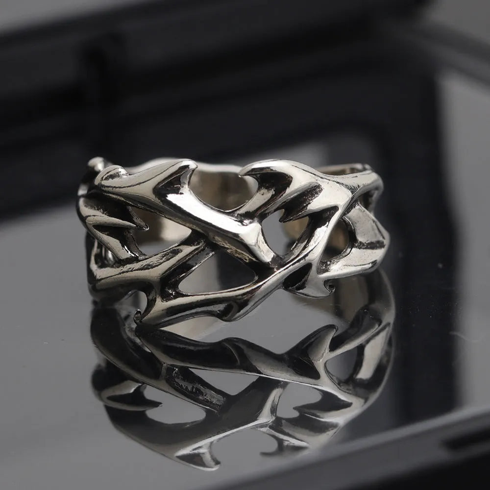 Copper thorn flower ring with geometric pattern and adjustable opening