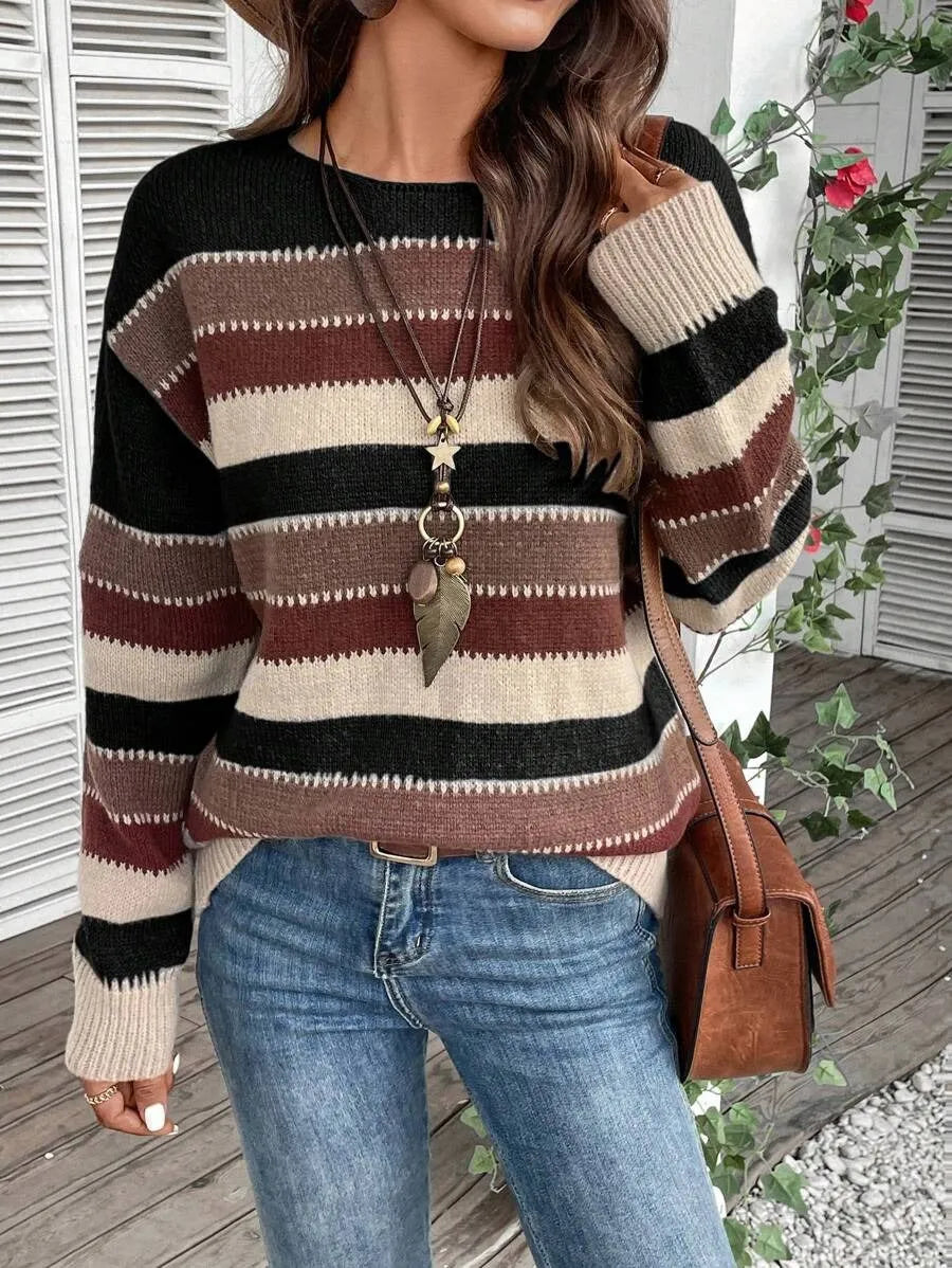 Women's colourblock striped polyester pullover sweater with long sleeves