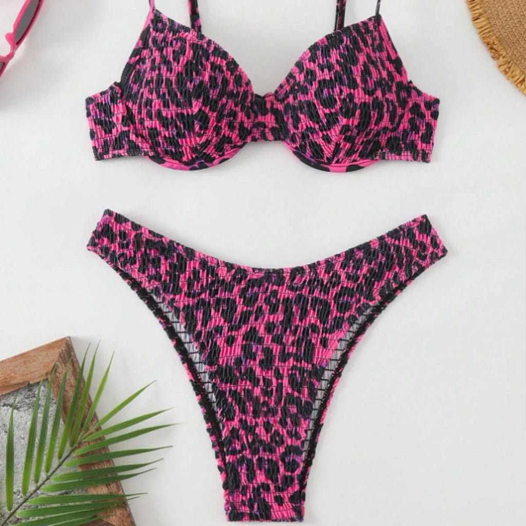 Leopard print bikini swimsuit for women with backless design in brown mixed colour