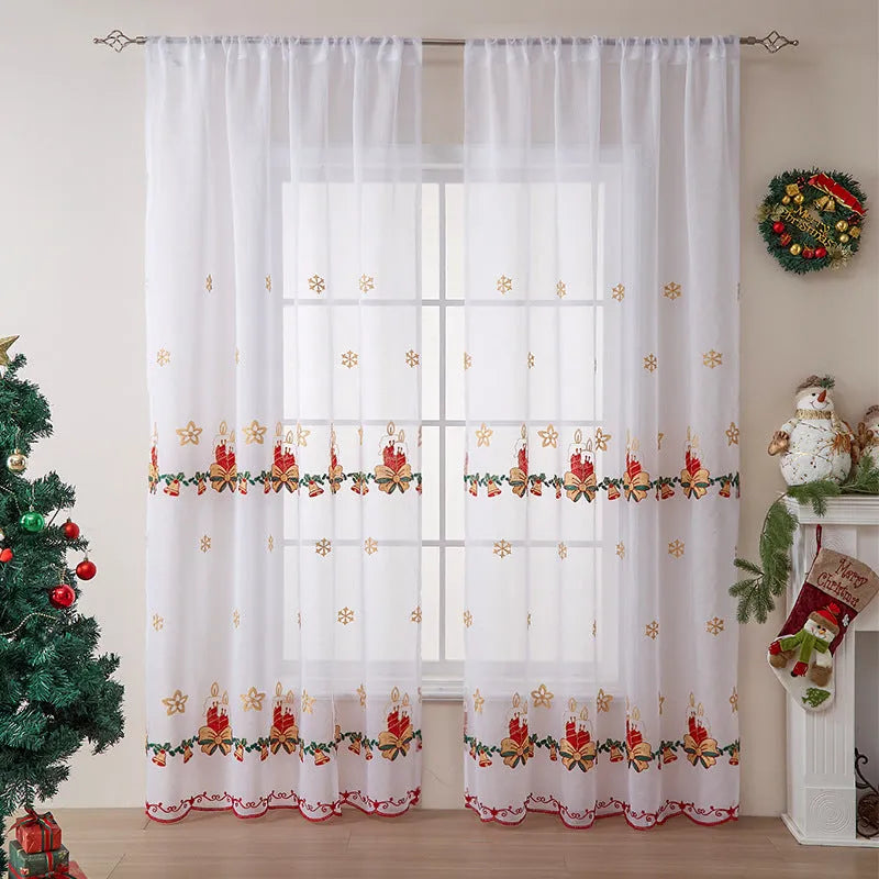 American Christmas curtain with white snowflake embroidery on red fabric, showing semi-sunshade texture.