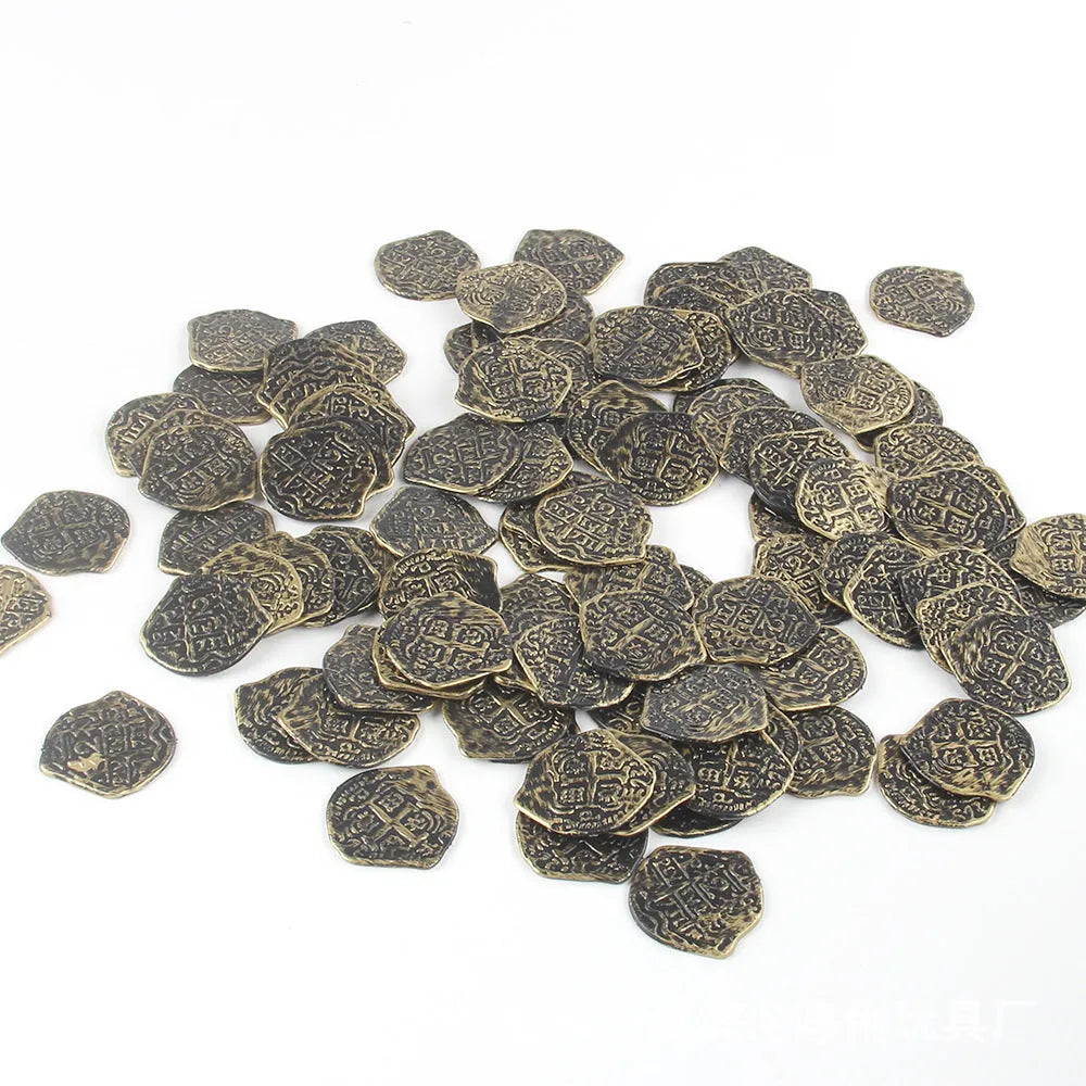 Plastic Roman pirate coins in gold, silver, and bronze electroplated finishes