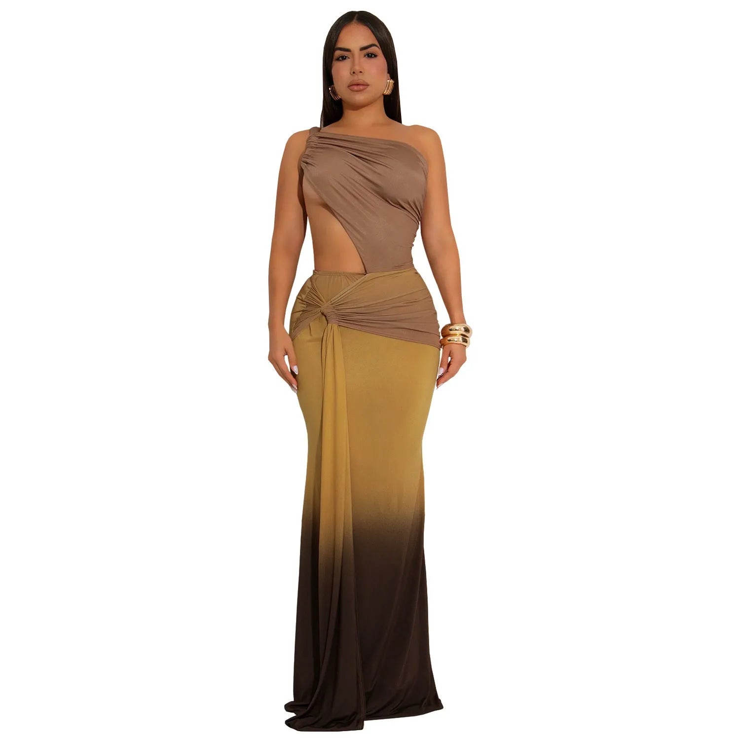 Long gradient-colour summer dress with oblique shoulder neckline and sleeveless design on a mannequin.