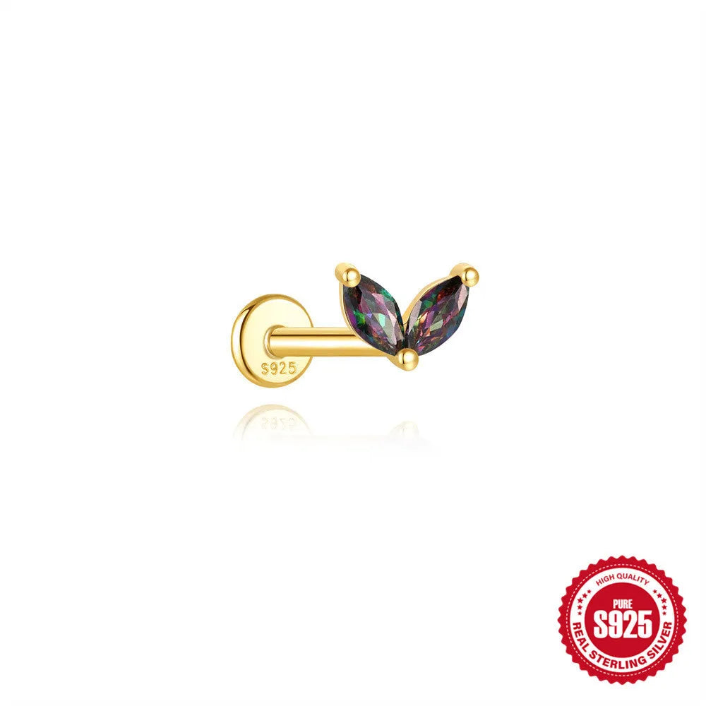 S925 sterling silver threaded ear piercing with super shiny flat head and rainbow stone in a gold colour.