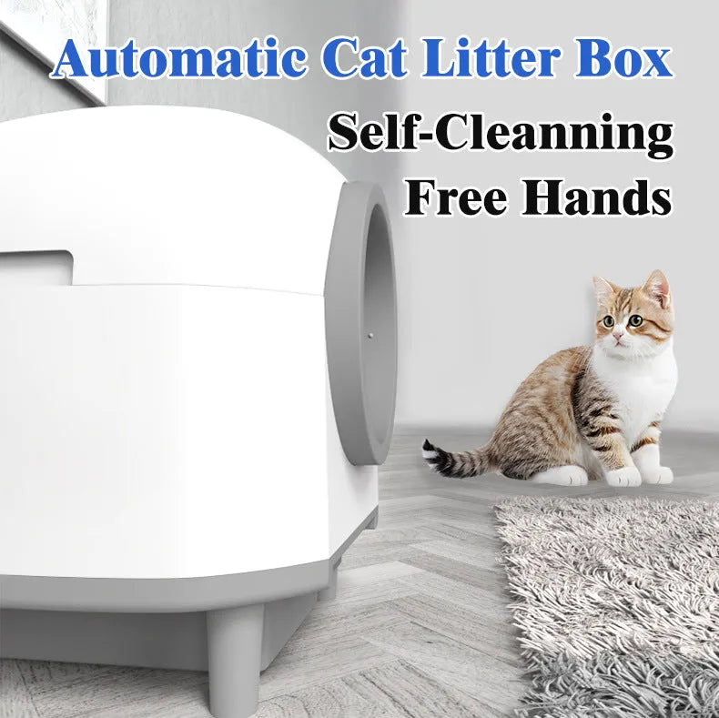 White automatic enclosed cat litter box with dimensions 55.6cm x 51.2cm x 59cm.
