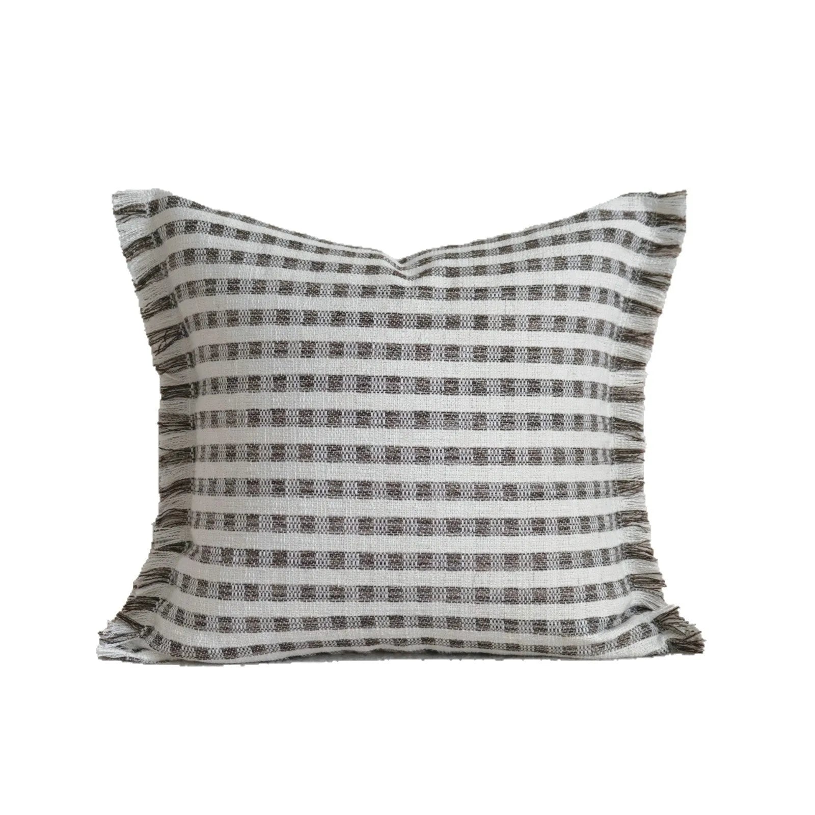 Coffee brown striped Chinese classical style pillow cushion on a sofa, shown in both square and waist pillow sizes.