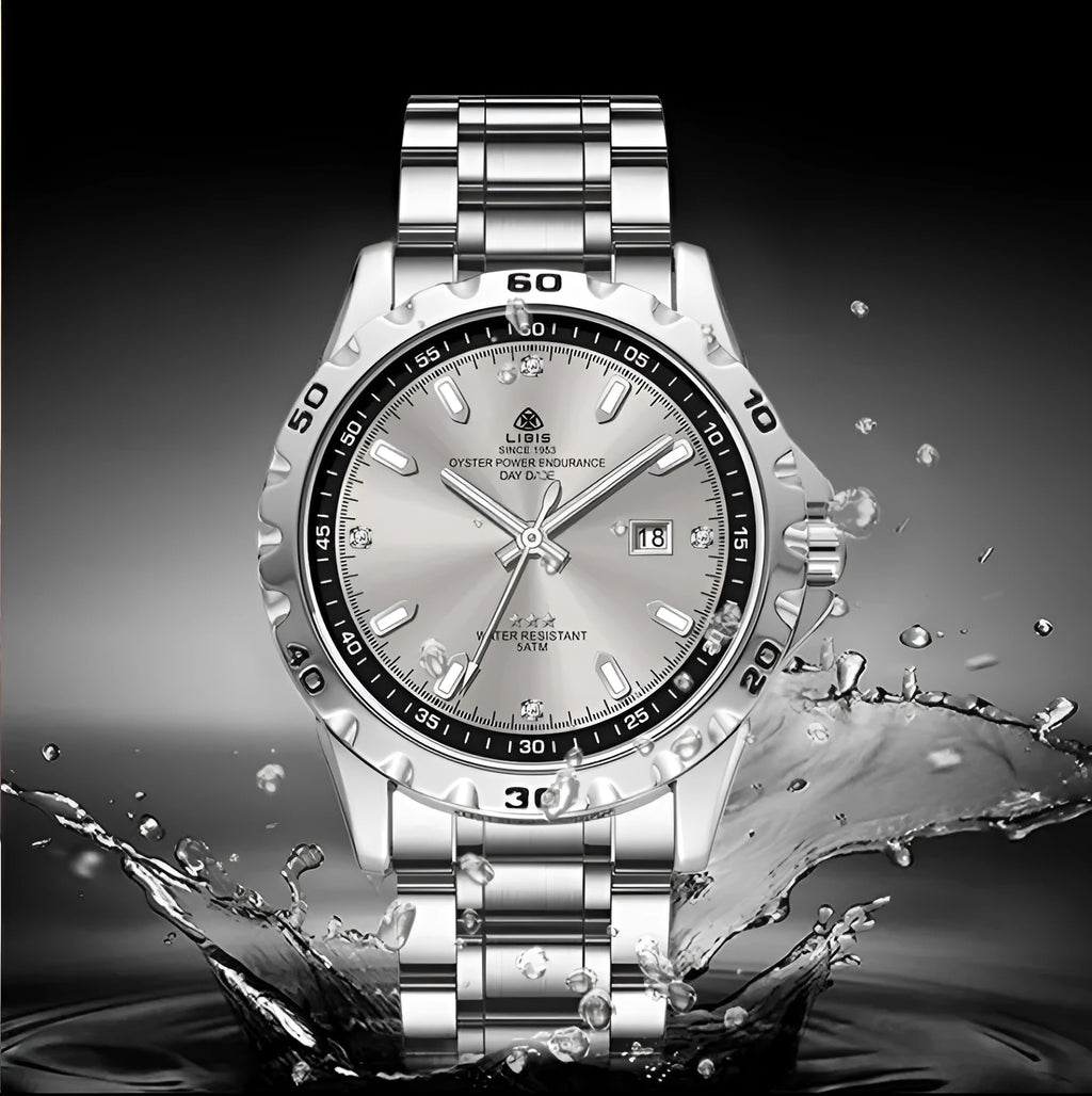 Men's silver business watch with luminous dial on stainless steel strap
