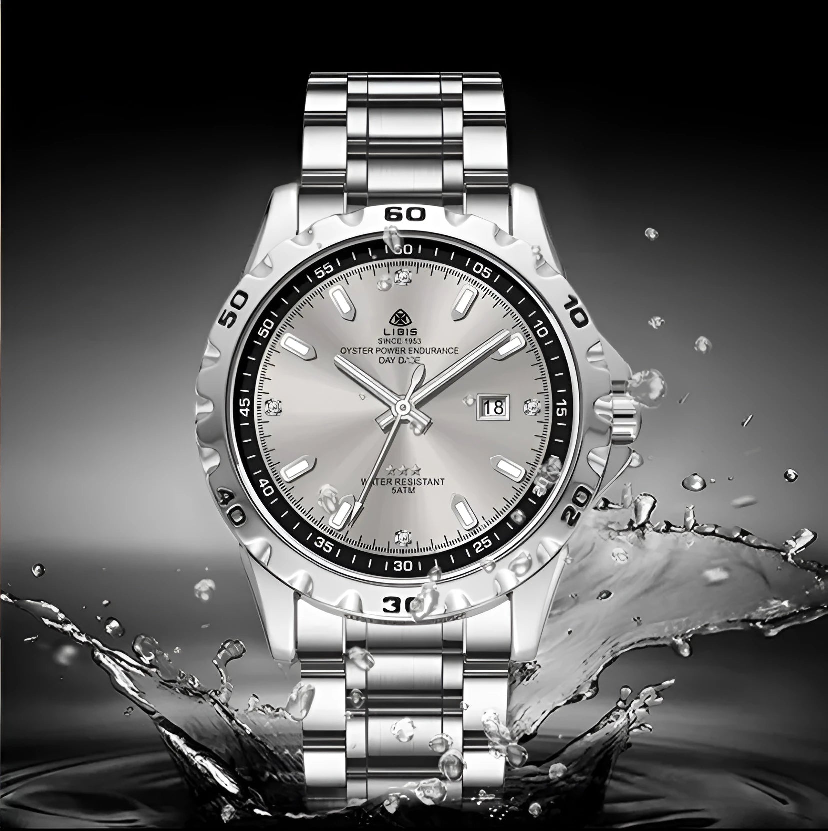 Men's silver business watch with luminous dial on stainless steel strap