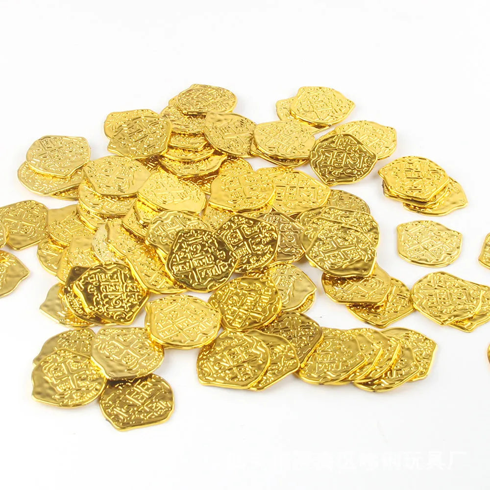 Plastic Roman pirate coins in gold, silver, and bronze electroplated finishes