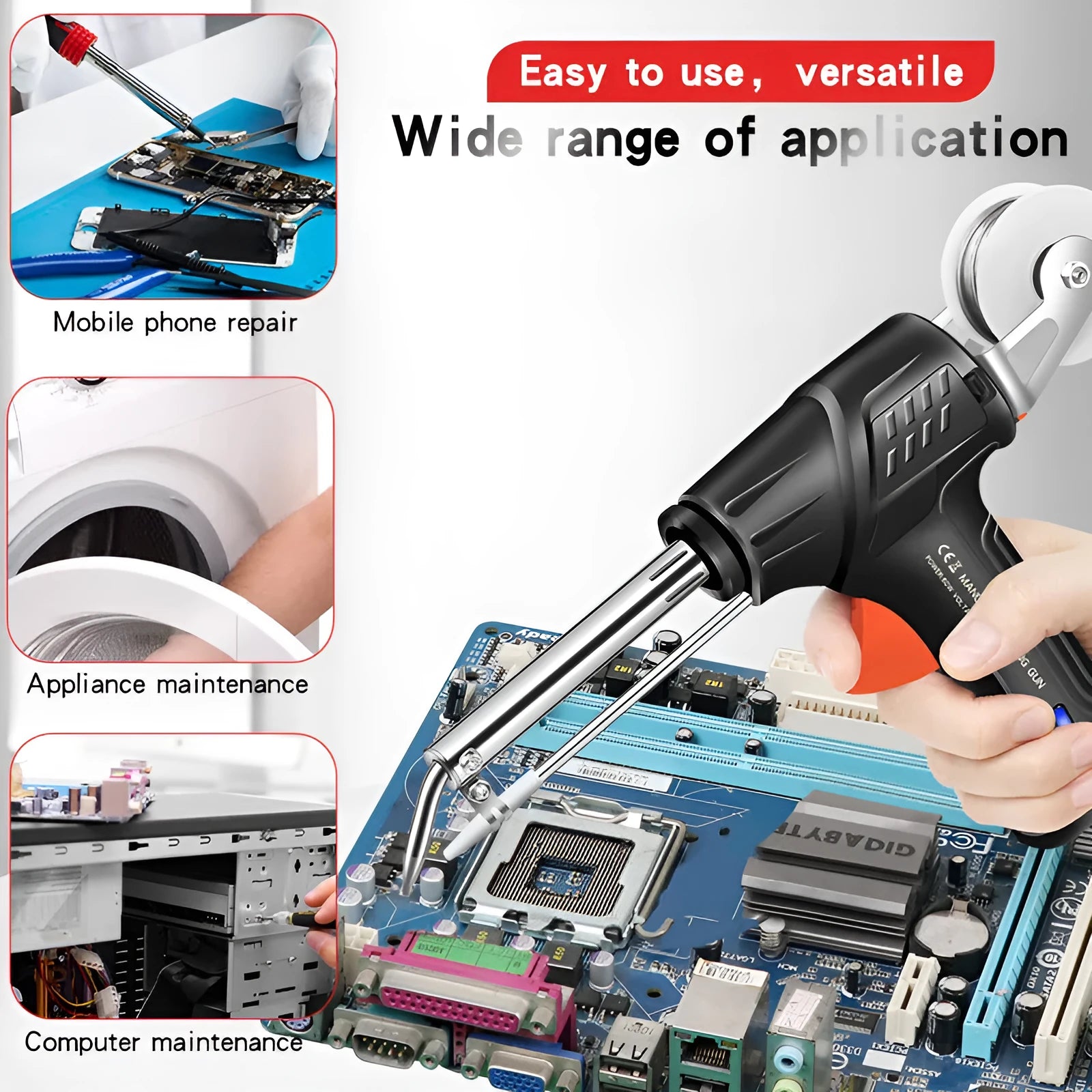 Black alloy soldering gun with LED light in five-piece set showing CN EU US specifications