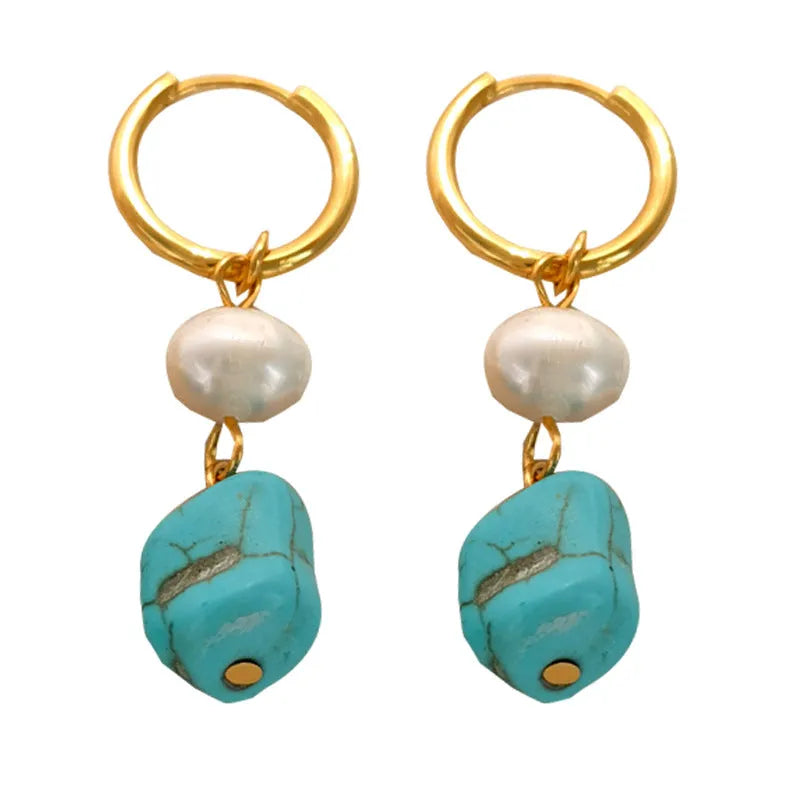 Copper geometric cultured pearl earrings with irregular turquoise stones