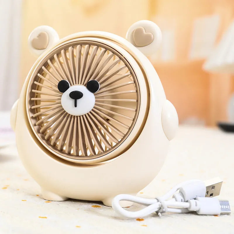 Fashion Cute Dog Desktop Electric Fan in a chosen colour on a desk with USB cable.