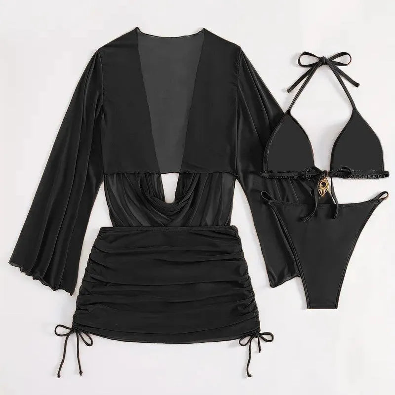 Dark brown women's lace-up two-piece bikini swimsuit with backless briefs.
