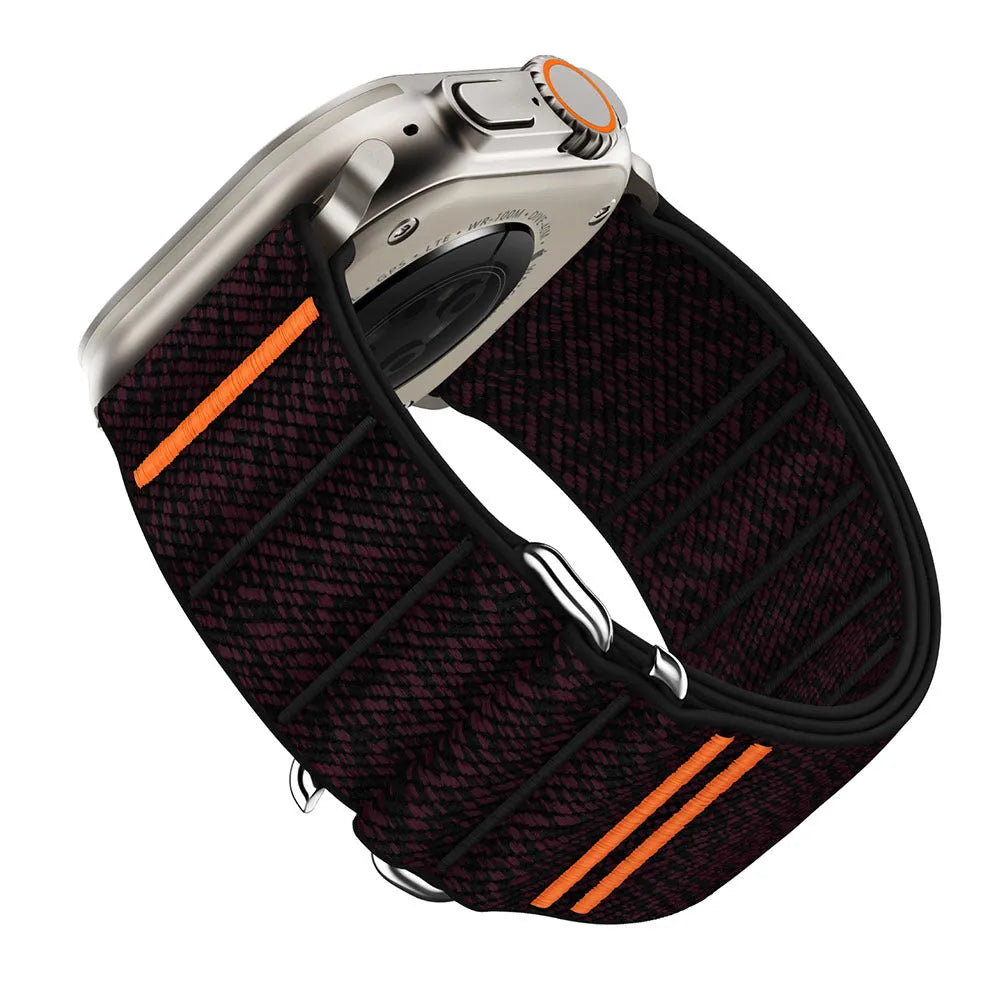 Elastic nylon sports watchband with stainless steel buckle for Apple Watch, shown in multiple colour options.