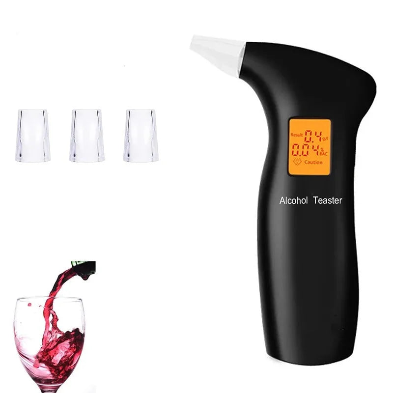 Portable orange light breath alcohol tester with replaceable mouthpieces in orange and grey case