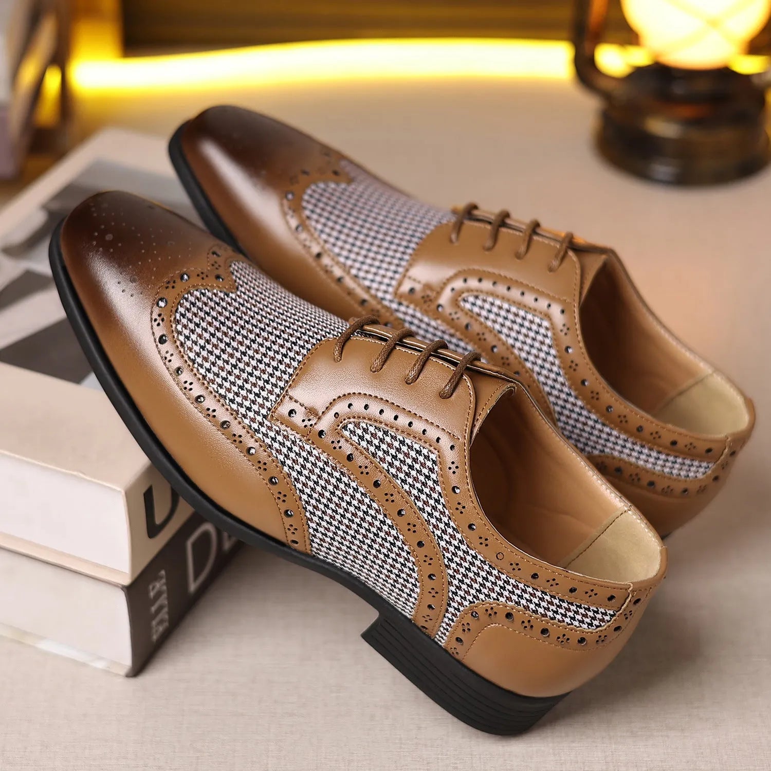 Men's black houndstooth plaid casual shoes with square toe and lace-up front.