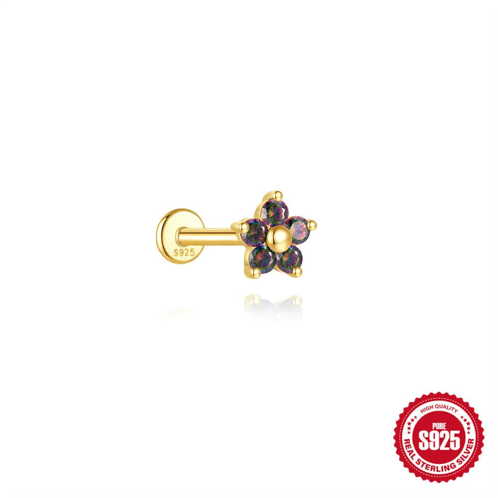 S925 sterling silver threaded ear piercing with super shiny flat head and rainbow stone in a gold colour.