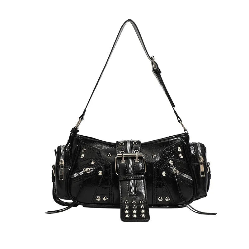 Black retro dumpling-shaped women's shoulder handbag in oil wax PU leather with external pocket.