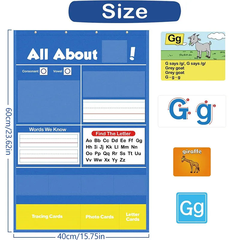 Alphabet learning table chart measuring 60x40cm with word, letter, picture and song cards for toddlers.