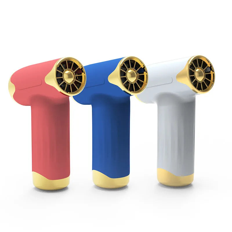 Blue handheld portable fan with brushless turbofan, shown next to red and silver colour options.