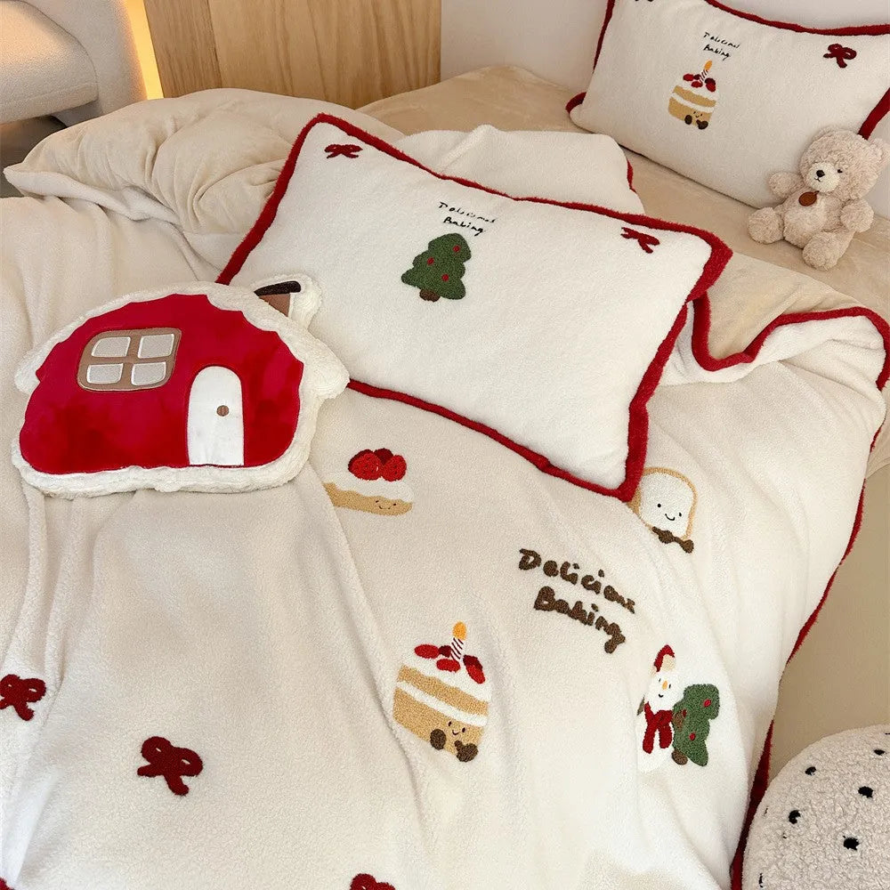 Cartoon pattern bedding four-piece set with winter Christmas design shown on bed