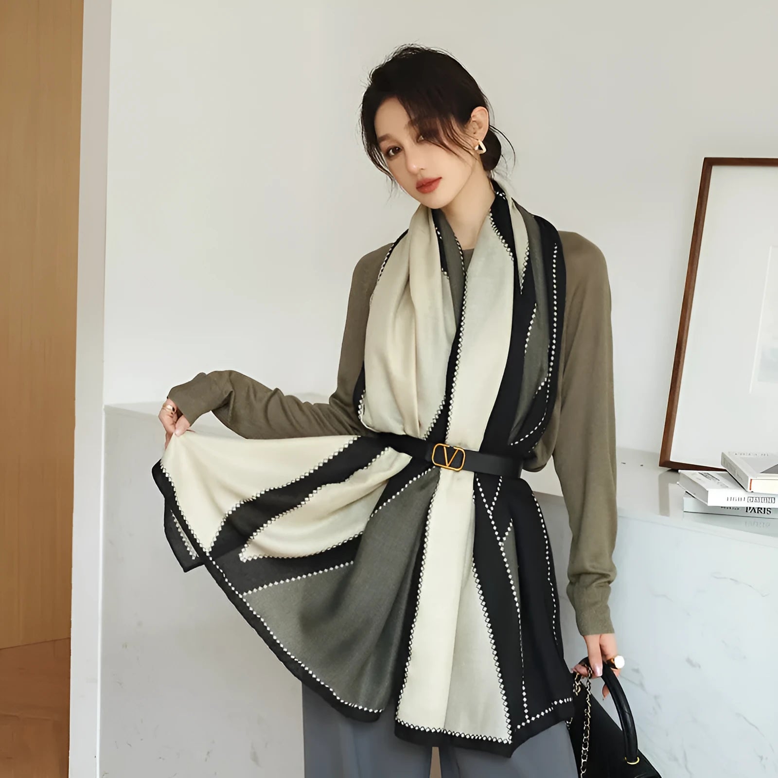 Women's vintage printed polyester scarf draped to show its 180cm length and 90cm width.