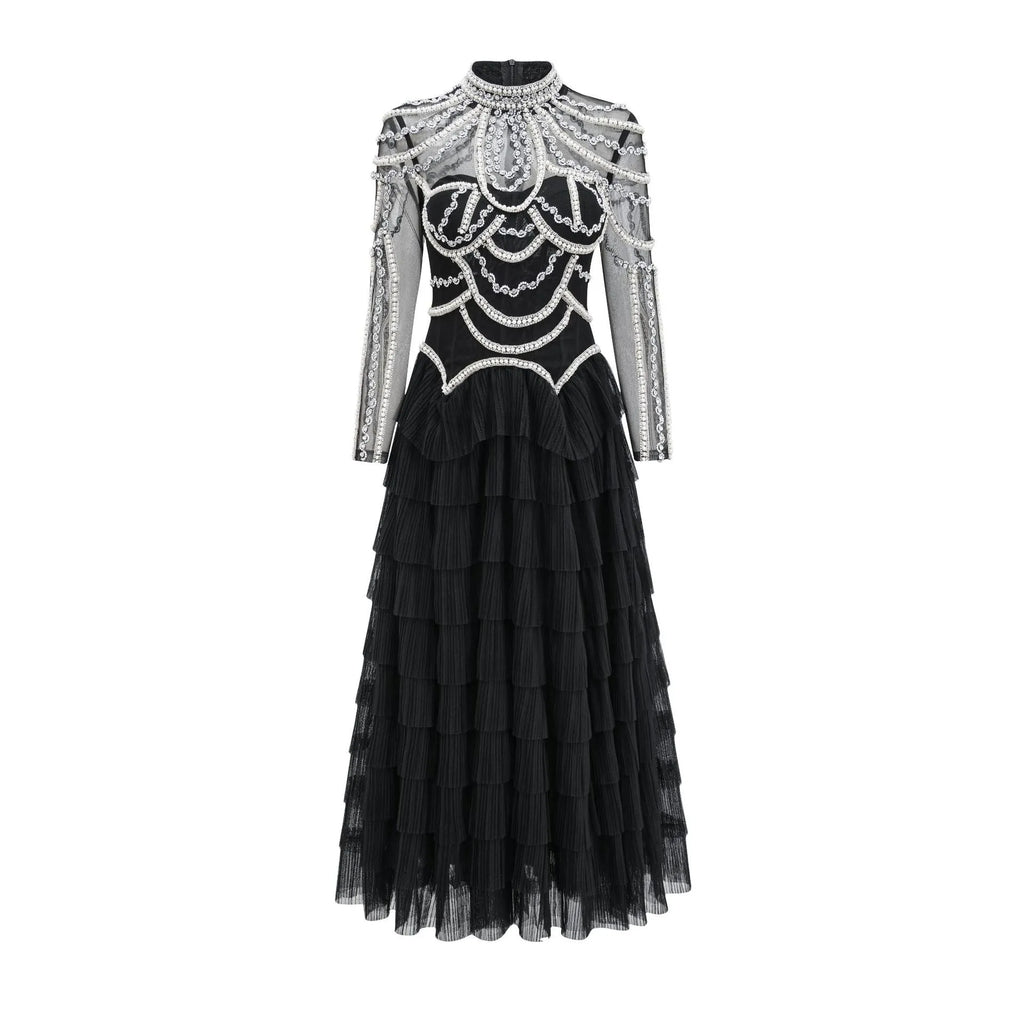 Women's long sleeve beaded dress in polyester fabric with three-dimensional decoration