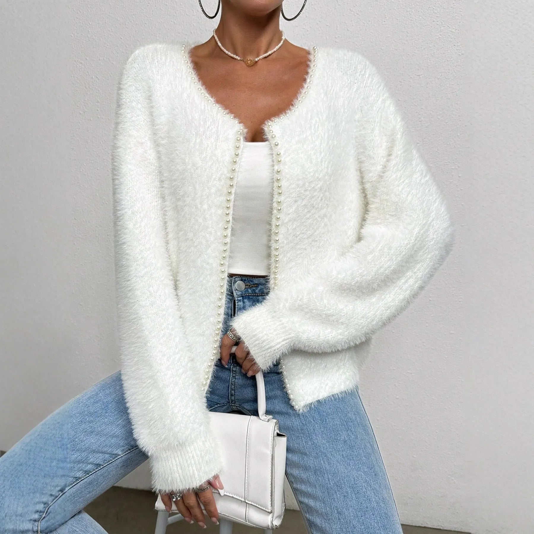 White women's V-neck cardigan sweater with medium thickness polyester knitwear