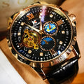 Men's black automatic mechanical watch with rose gold case and hollow dial showing movement