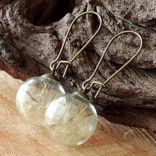 Transparent crystal dandelion seed glass ball earrings on French hook in silver and bronze finishes