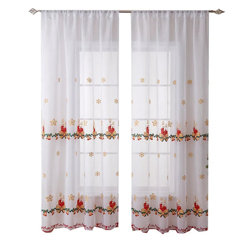 American Christmas curtain with white snowflake embroidery on red fabric, showing semi-sunshade texture.