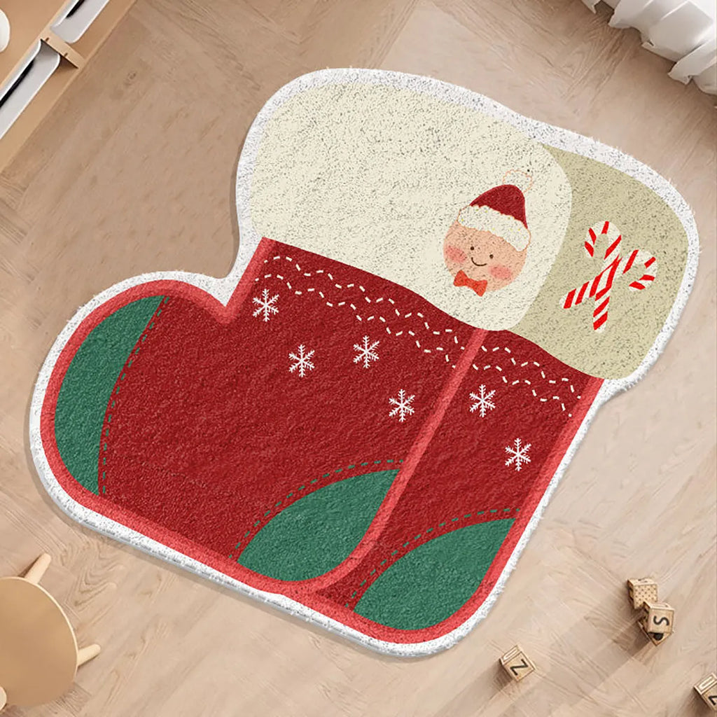 Round Christmas floor mat with festive design on imitation cashmere material in 60cm and 80cm sizes.