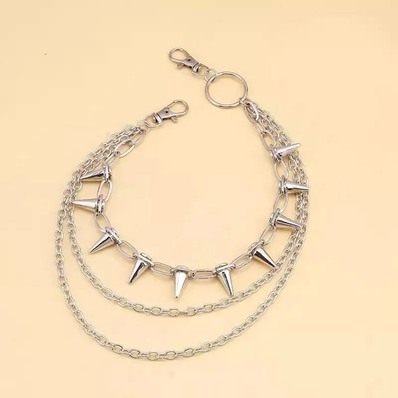 Silver double-layer metal trousers chain with rivet details, 115cm length