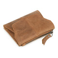 Brown genuine cowhide leather coin purse with visible stitching and a metal lock closure.