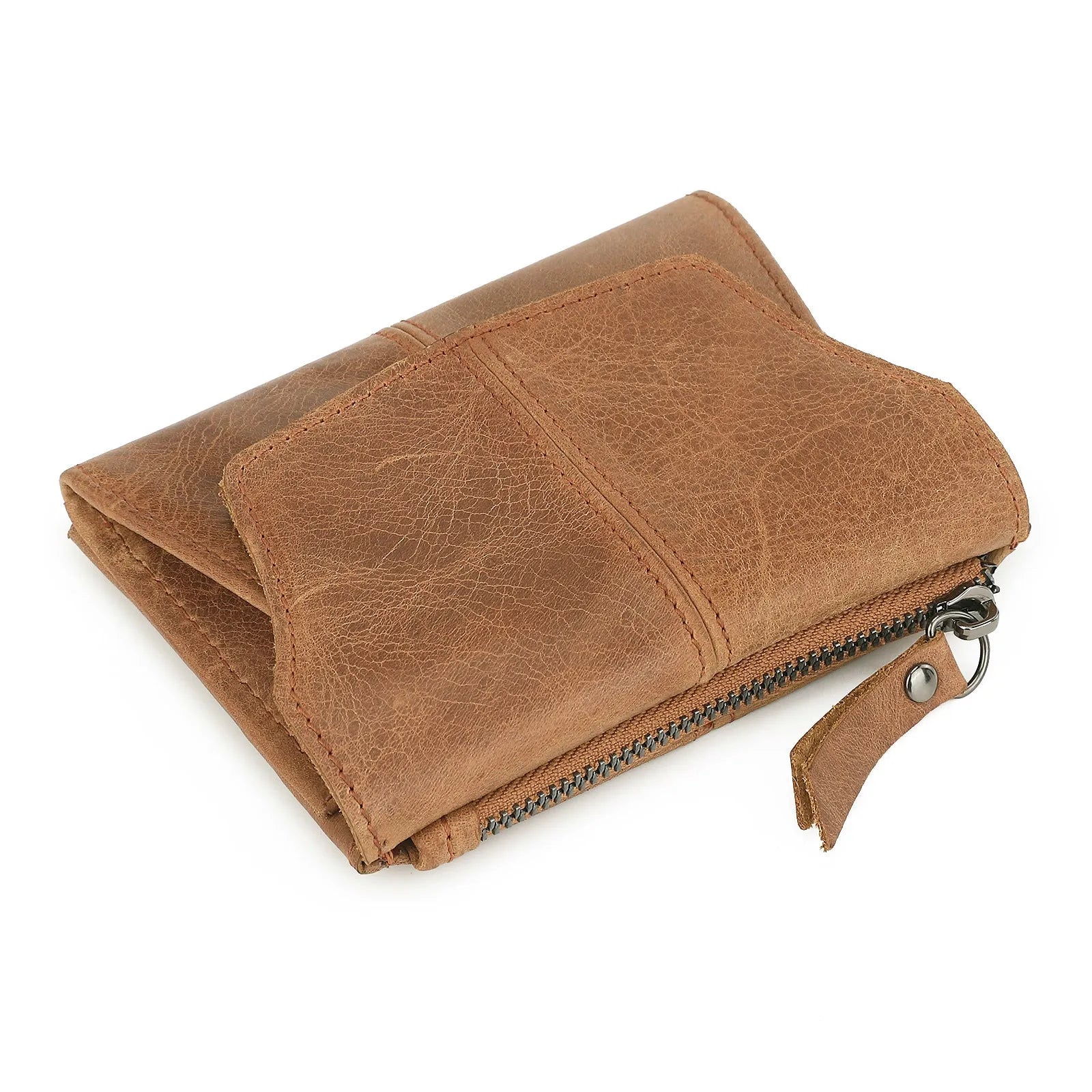 Brown genuine cowhide leather coin purse with visible stitching and a metal lock closure.