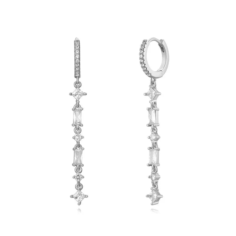 Women's gold-colour geometric U-shape ear clips with micro-inlaid colourful zircon stones and dot-ring-line pattern.