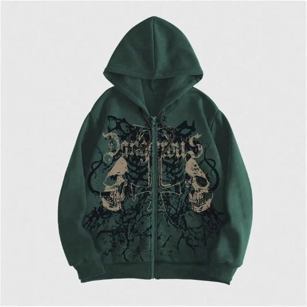 Men's black hooded sweatshirt with a large green skull print on the front, long sleeves.