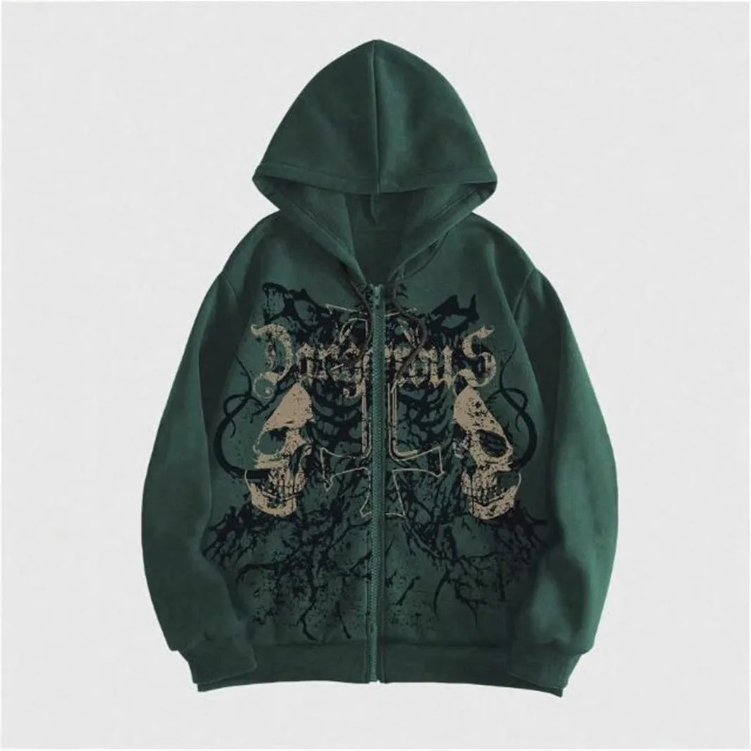 Men's black hooded sweatshirt with a large green skull print on the front, long sleeves.