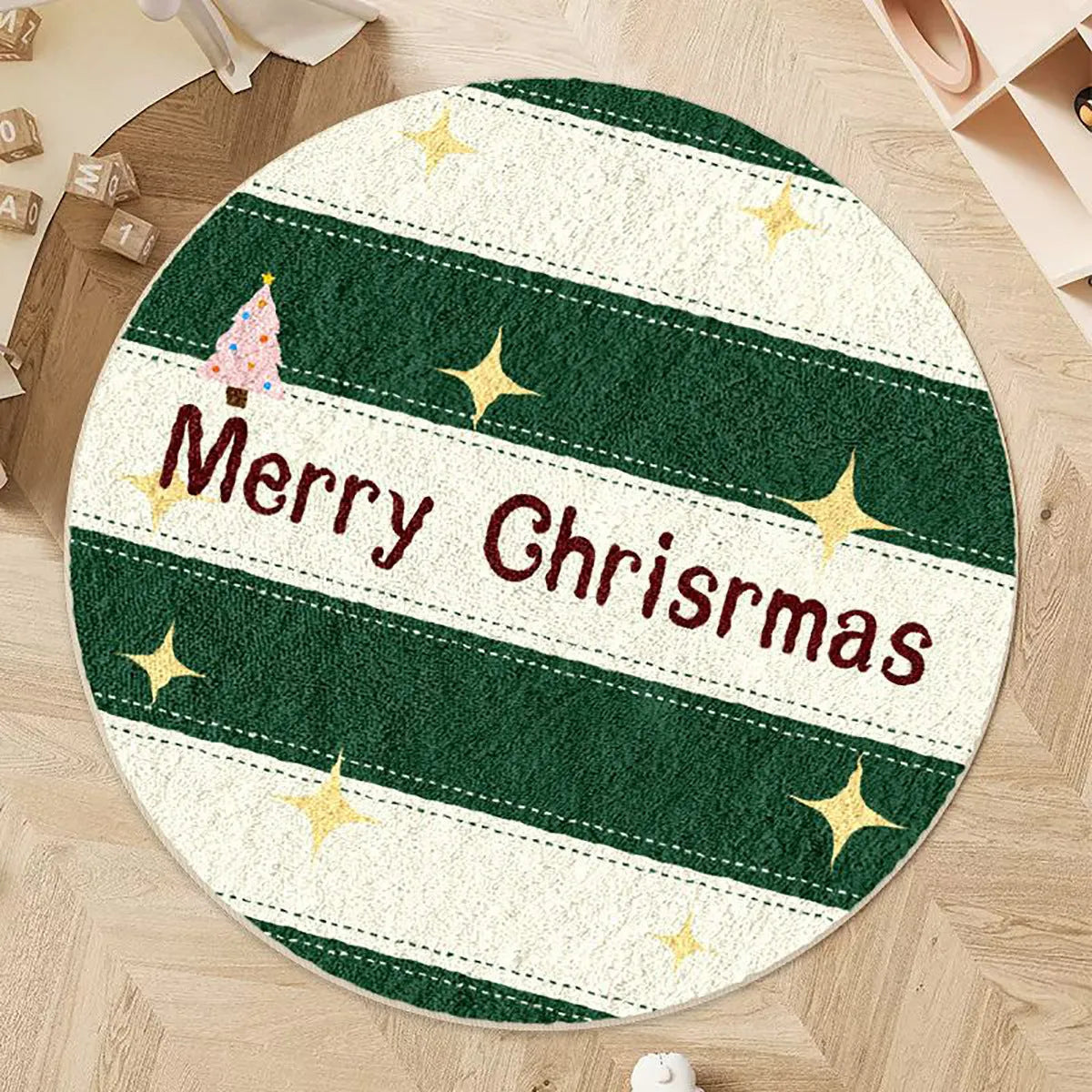Round Christmas floor mat with festive design on imitation cashmere material in 60cm and 80cm sizes.