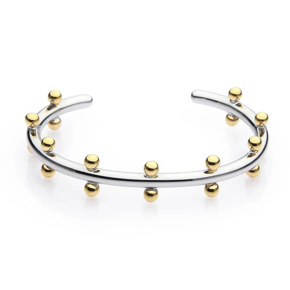 Stainless steel C-shaped bean bead bracelet with textured rivet finish on an alloy chain.