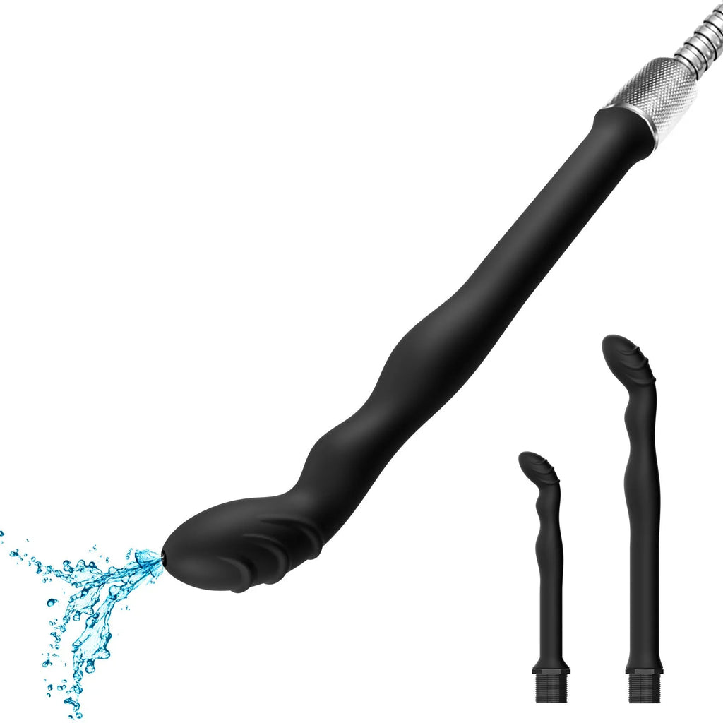 Black silicone hosepipe flusher with enema nozzle for cleaning and washing tasks.
