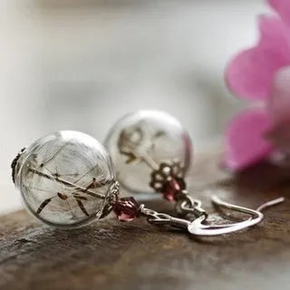 Transparent crystal dandelion seed glass ball earrings on French hook in silver and bronze finishes