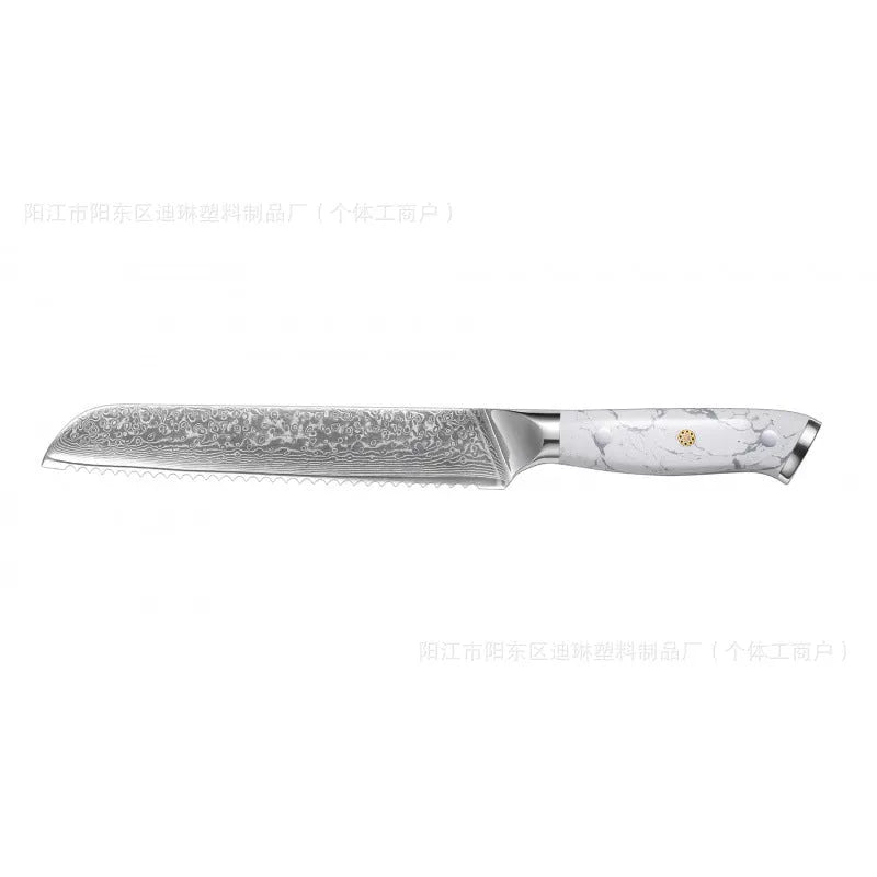 Damascus pattern chef's knife with VG10 steel blade and modern handle on a kitchen counter.