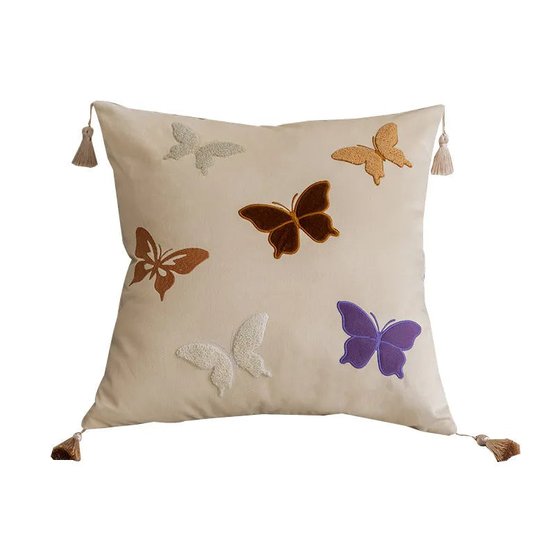 Square butterfly embroidery cushion with Chinese design in beige, black, or purple colours