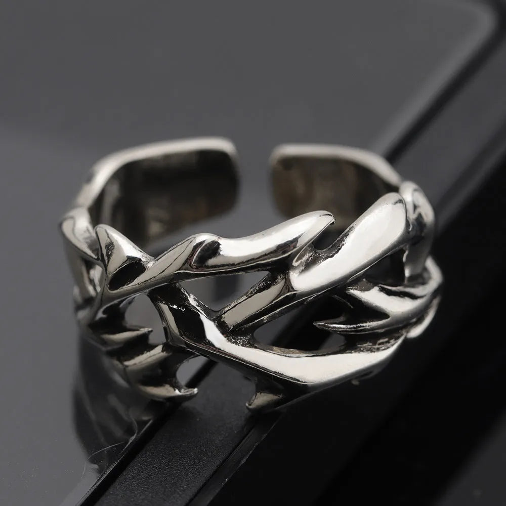 Copper thorn flower ring with geometric pattern and adjustable opening