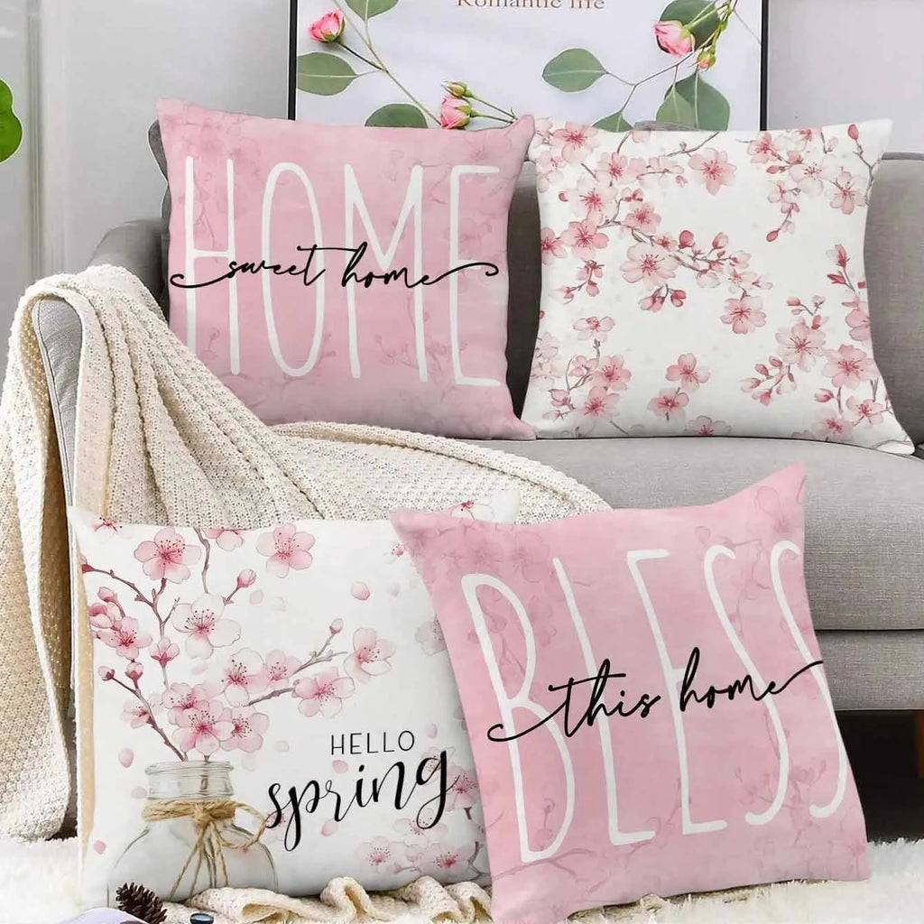 Square short velvet cushion cover with cherry blossom and letter print in 45cm size.