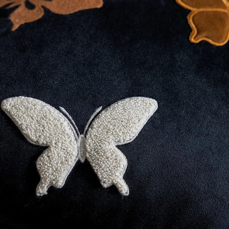 Square butterfly embroidery cushion with Chinese design in beige, black, or purple colours