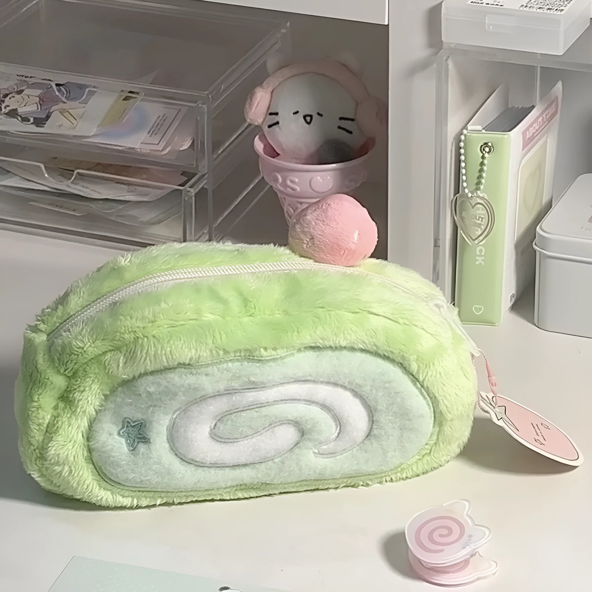 Honeydew Roll Swiss Roll Cake design velvet pencil case in Korean style